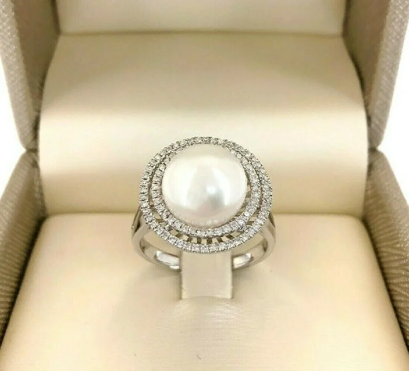 signet ring for men -0.30 Carat Diamond & 10.5 mm Round Pearl Double Halo and Split Shank Ring 14K