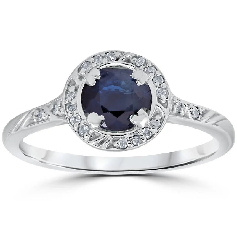 diamond stacking ring for women -1 1/6ct Blue Sapphire Vintage Diamond Engagement Ring 14K White Gold