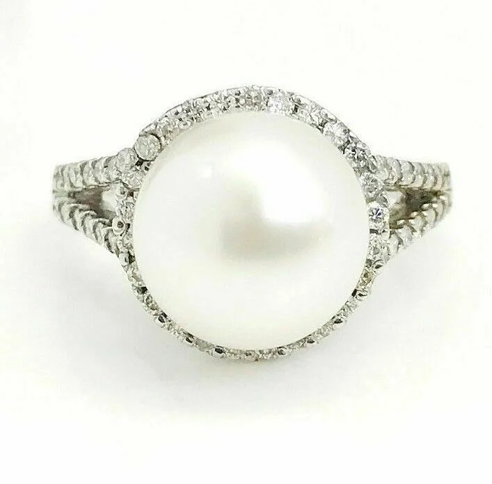 adjustable ring for women -10 mm Round Pearl Ring with Halo Diamond Accents in 14K White Gold