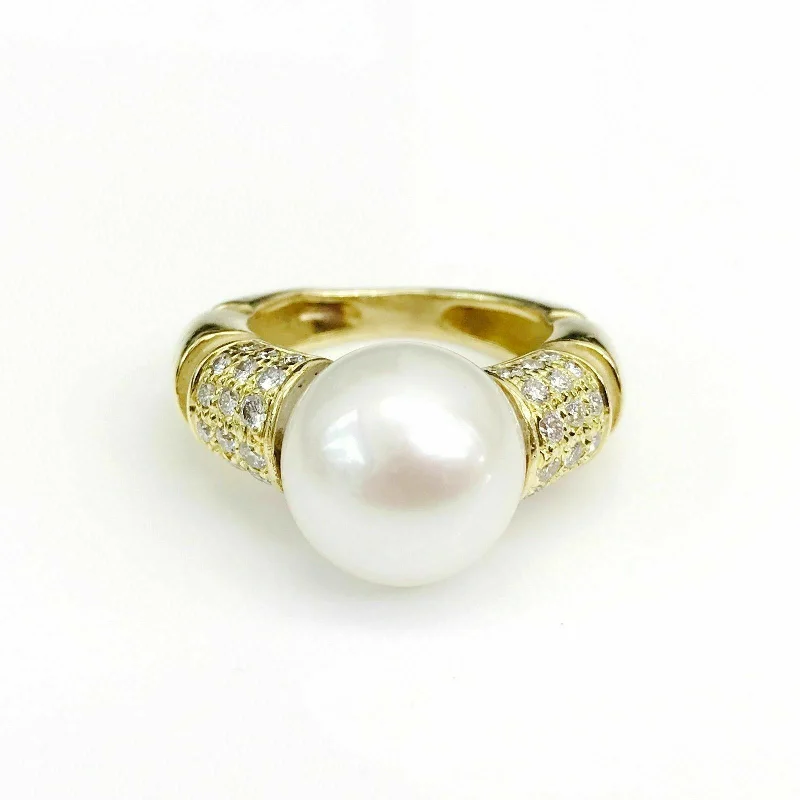 trendy thumb ring for women -11 mm Round Pearl Ring with Diamond Accents in 18K Yellow Gold