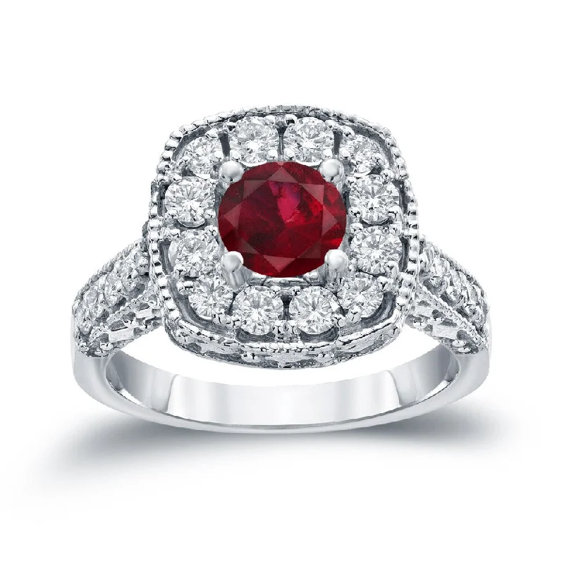 butterfly midi ring for girls -14k Gold 3/4ct Ruby and 7/8ct TDW Round Diamond Halo Engagement Ring