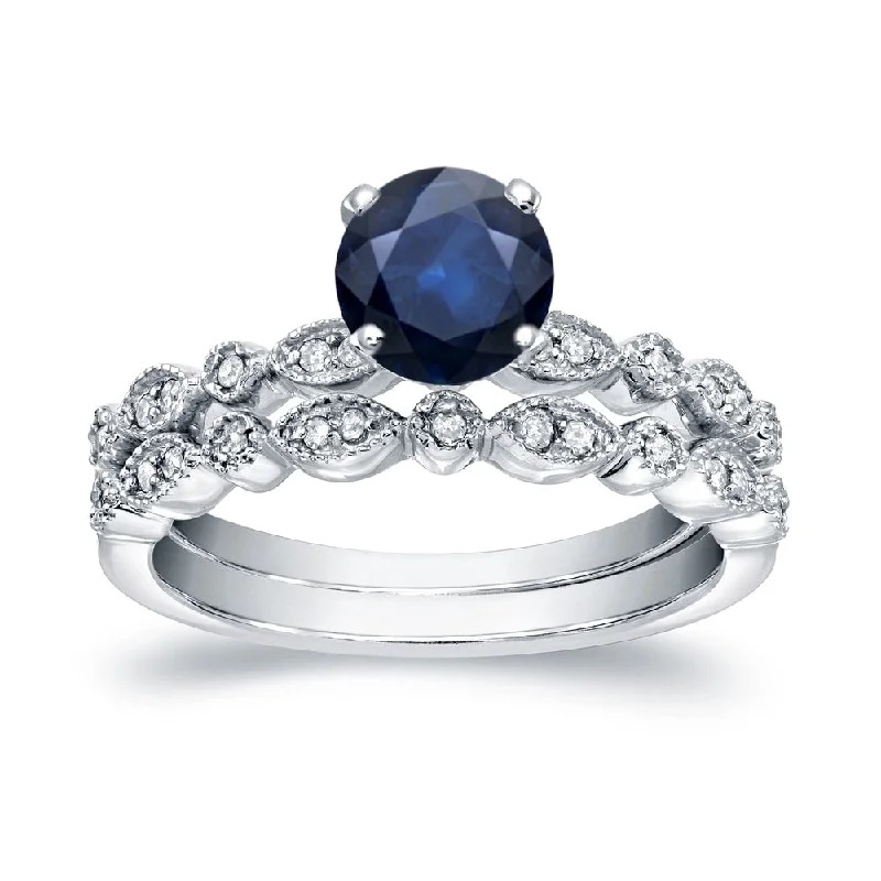 zodiac charm ring for women -14k White Gold 3/5ct Sapphire and 1/6ct TDW Stackable Vintage Diamond Engagement Ring Set by Auriya