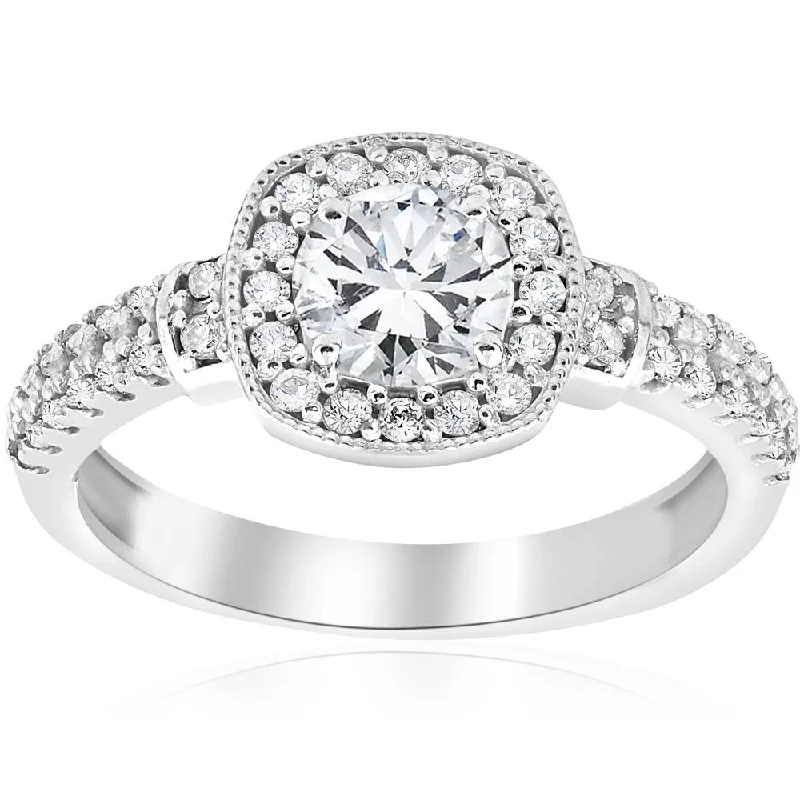 angel halo ring for women -1ct Diamond Pave Cushion Halo Vintage Engagement Ring 14K White Gold