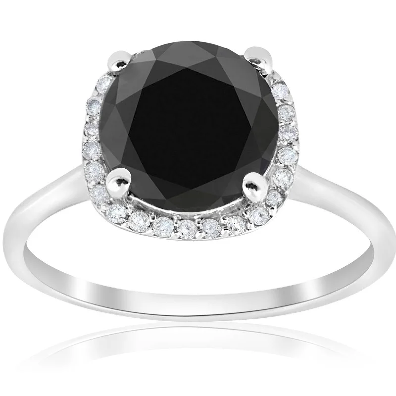 simple gold band ring -3 1/10ct Treated Black Diamond Cushion Halo Engagement Ring 14K White Gold