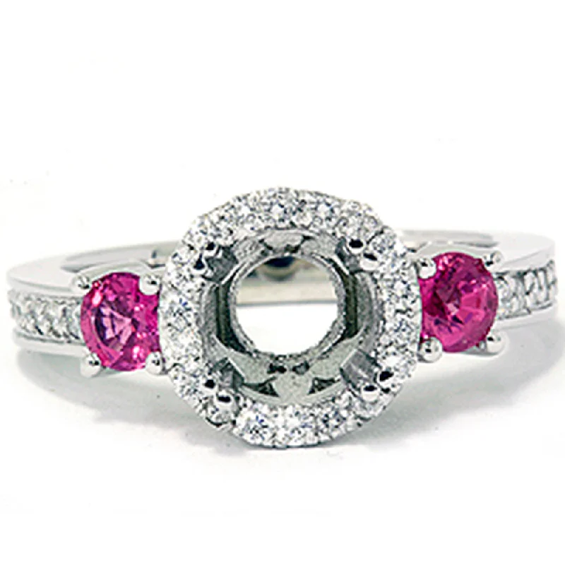 initial ring for women -3/4ct Pink Sapphire & Diamond Engagement Ring Semi Mount 14K White Gold