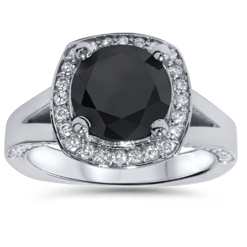 custom name signet ring for women -3 5/8 Ct Black Diamond Halo Split Shank Engagement Ring 14K White Gold