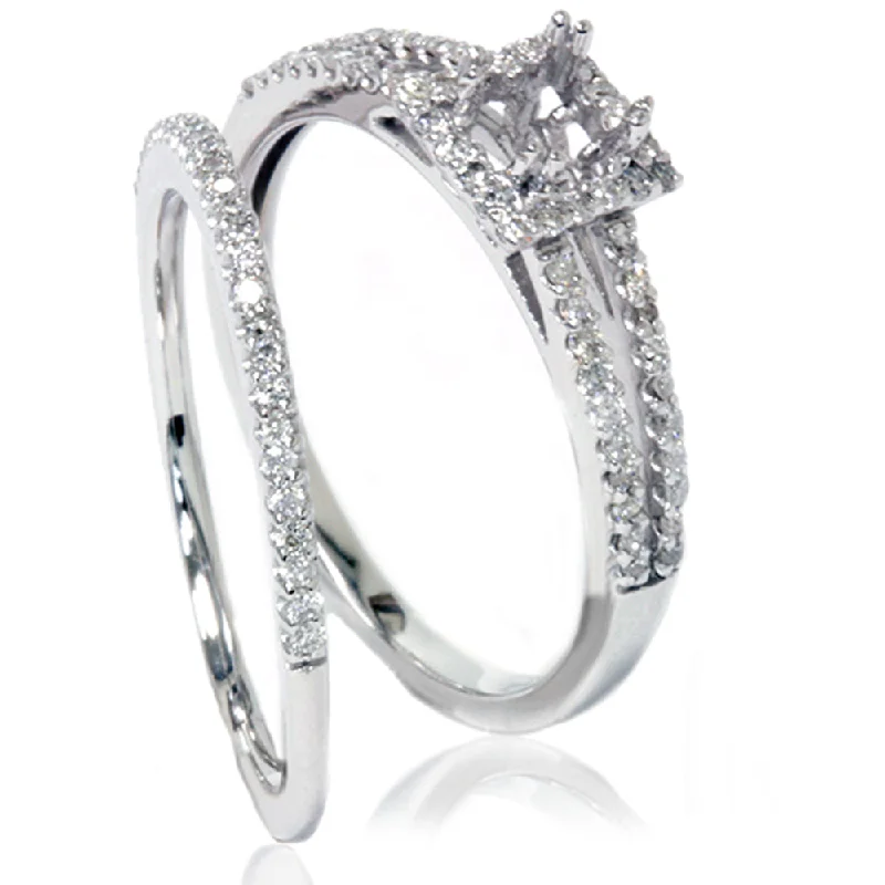 luxury diamond ring for women -3/8CT Split Shank Princess Cut Halo Engagement Ring Set Setting 14K White Gold