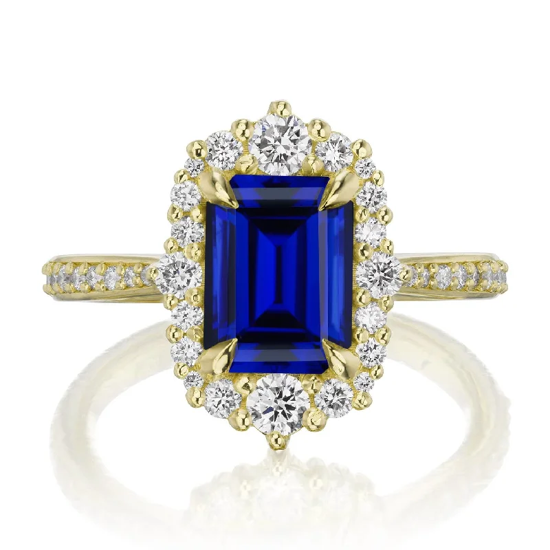 bold statement band ring for women -・ADELINE・Emerald Cut Blue Sapphire Center, Diamond Halo (2.51ctw+)