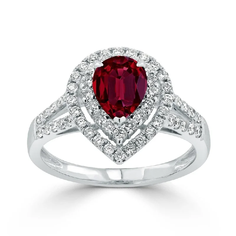 gold knot ring for women -Auriya 1 1/3ct Pear-cut Red Ruby and Halo Diamond Ring 5/8ctw 18K Gold