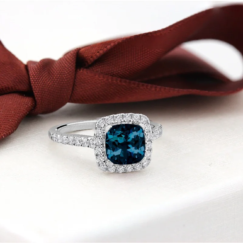 monogram ring for women -Auriya 1 1/4ct Cushion-cut London Blue Topaz and Halo Diamond Engagement Ring 1/2cttw 14k Gold