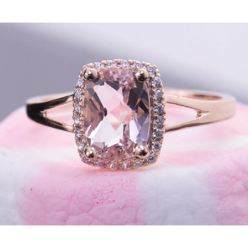 stackable gold ring for women -Auriya 1 1/5ct Cushion-cut Morganite 1/10ctw Halo Diamond Engagement Ring 10K Rose Gold