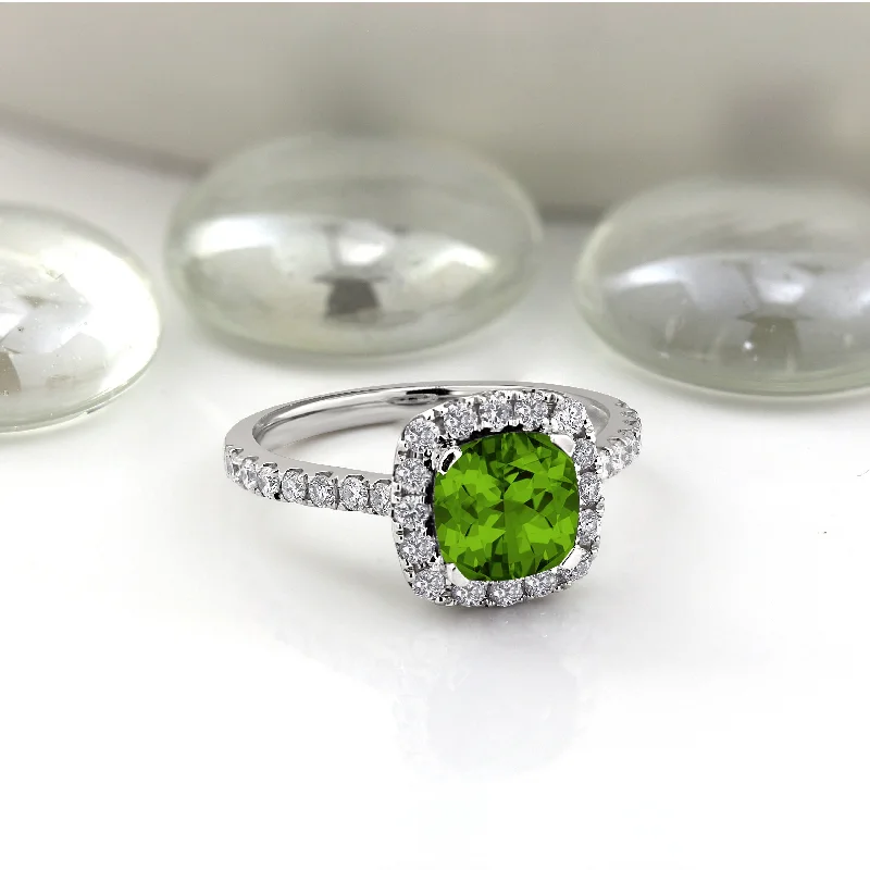 diamond promise ring for women -Auriya 1 3/8ct Cushion-cut Peridot and Halo Diamond Engagement Ring 1/2cttw 14k Gold