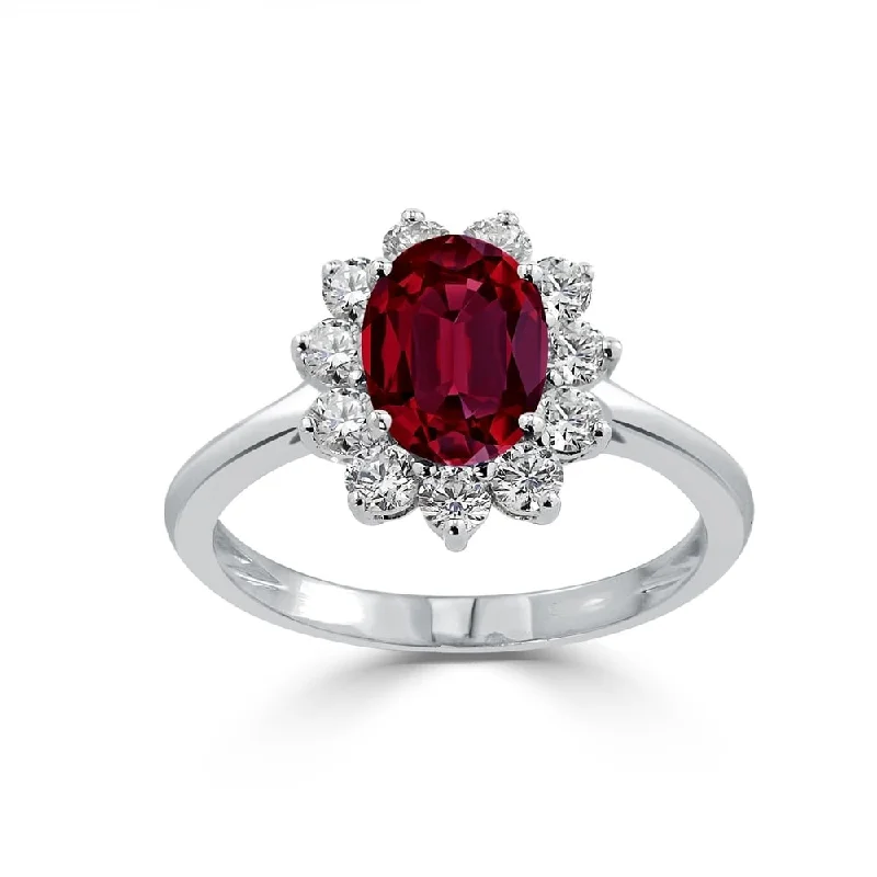 evil eye ring for protection -Auriya 1 3/8ct Oval Red Ruby and 5/8ctw Sunburst Halo Diamond Engagement Ring 18K Gold