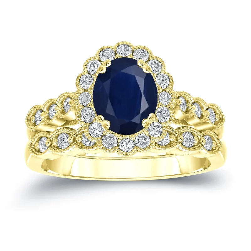 birthstone stacking ring for women -Auriya 14k Gold 1 1/2ct Oval Cut Blue Sapphire and 3/5ct TDW Diamond Halo Bridal Ring Set (H-I, SI1-SI2)