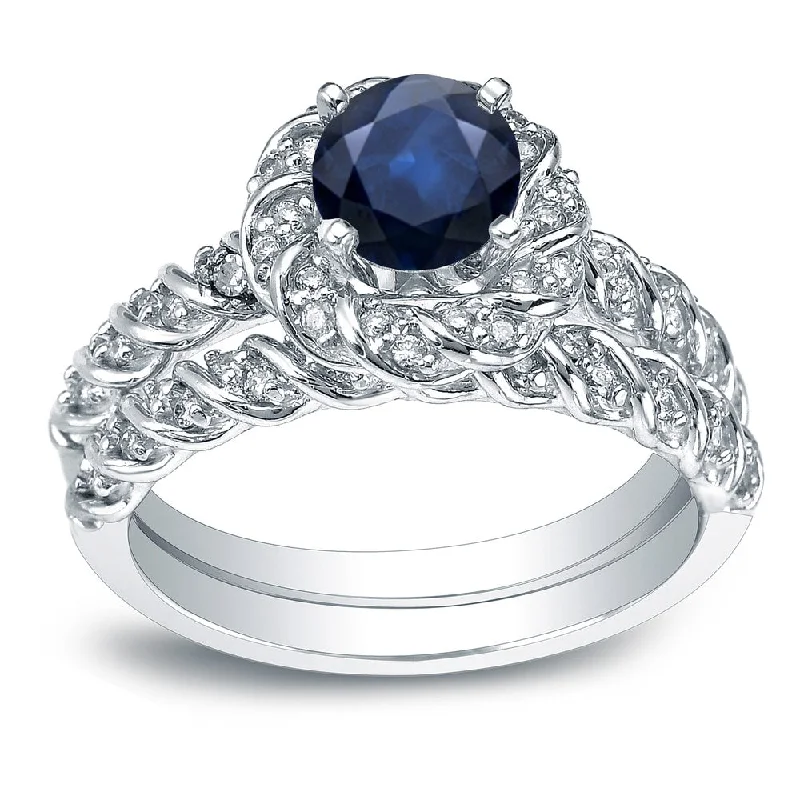 pink gemstone ring for women -Auriya 14k Gold 1ct Blue Sapphire and 3/5ctw Twisted Halo Diamond Engagement Ring Set