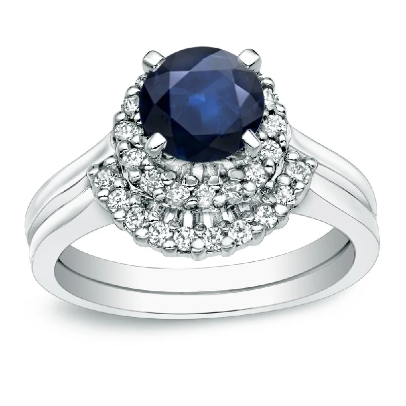 pearl statement ring for brides -Auriya 14k Gold 3/4ct Blue Sapphire and 1/4ctw Halo Diamond Engagement Ring Set