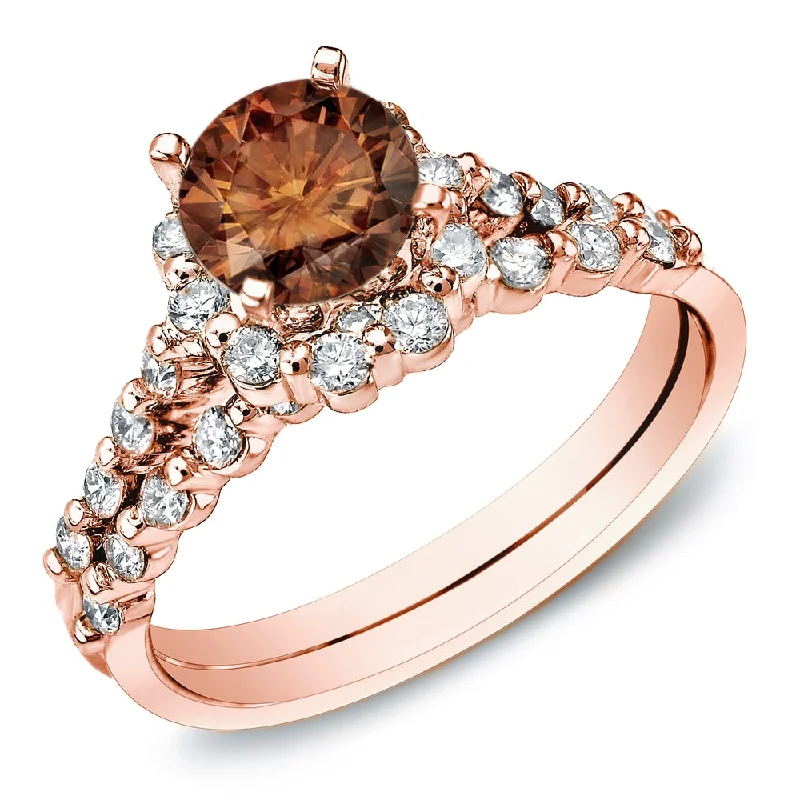 stackable gold ring for women -Auriya 14k Rose Gold 1 1/2ct TDW Brown Round Diamond Bridal Set Ring (SI1-SI2)