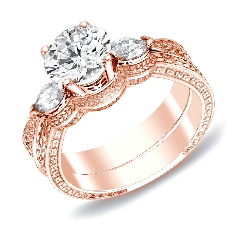 friendship ring with initials -Auriya 14k Rose Gold 4/5ctw Vintage 3-stone Diamond Engagement Ring Set