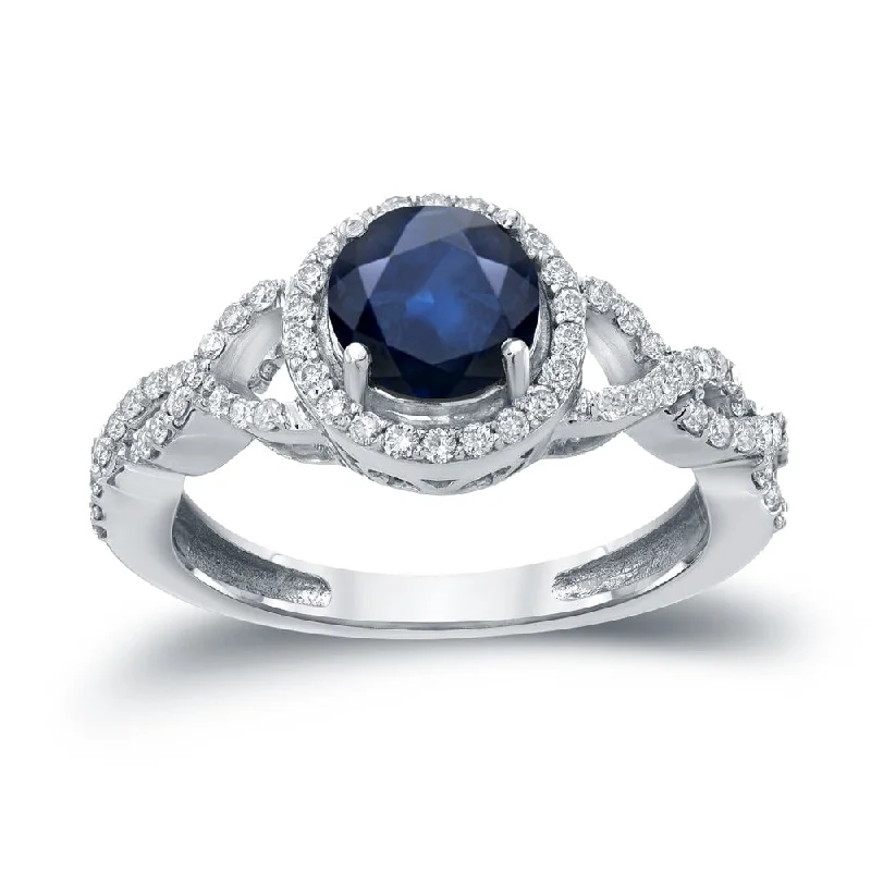 boho stacking ring for women -Auriya 1ct Blue Sapphire and 2/5ctw Round Halo Diamond Engagement Ring