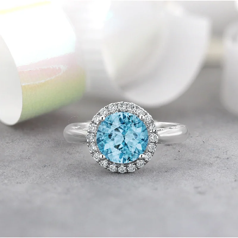 zodiac charm ring for women -Auriya 2 1/2ct Round Sky Blue Topaz and Halo Diamond Engagement Ring 1/4ctw 14k Gold