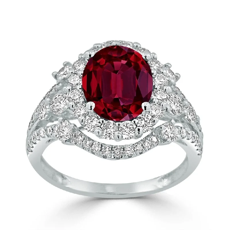 geometric ring for women -Auriya 2 7/8ct Oval-cut Red Ruby and Halo Diamond Ring 1 1/5ctw 18K Gold