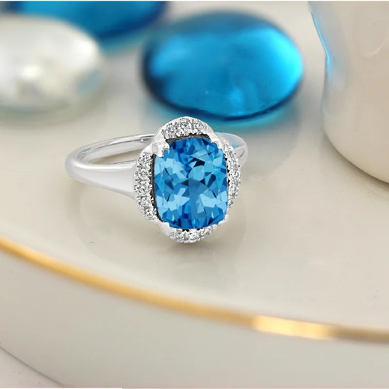 monogram ring for women -Auriya 4ct Cushion-cut Swiss Blue Topaz Halo Diamond Engagement Ring 1/8ctw 14k Gold