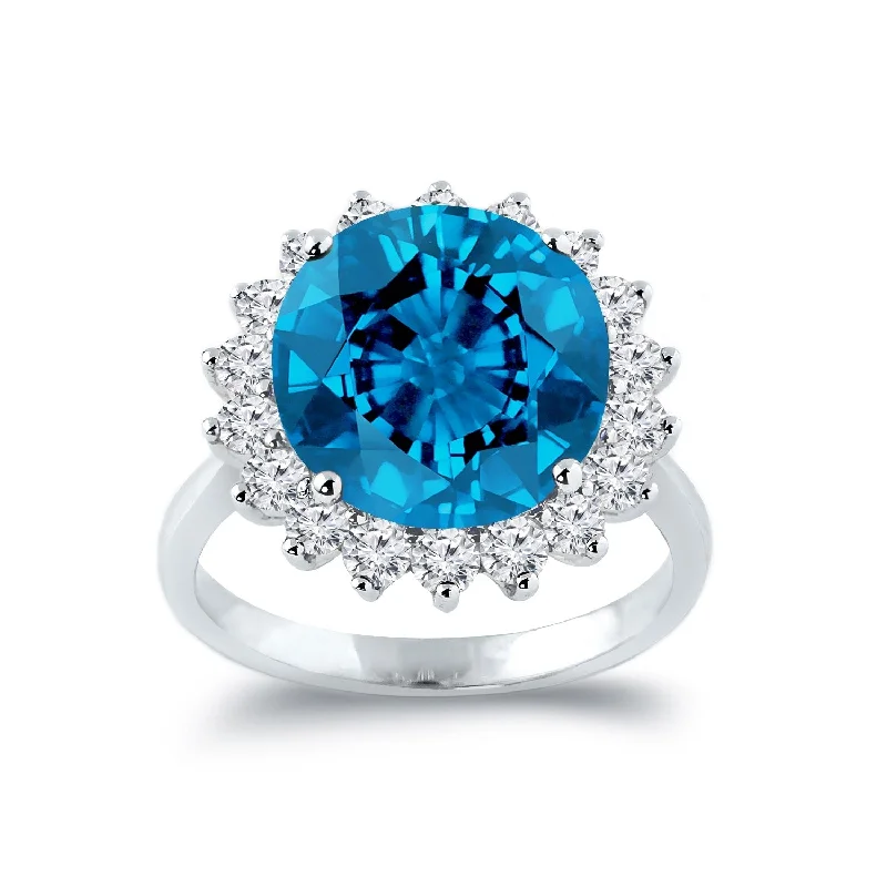 zodiac sign ring for women -Auriya 7 1/3ct Round Blue Topaz Sunburst Halo Diamond Ring 1ctw 18K Gold