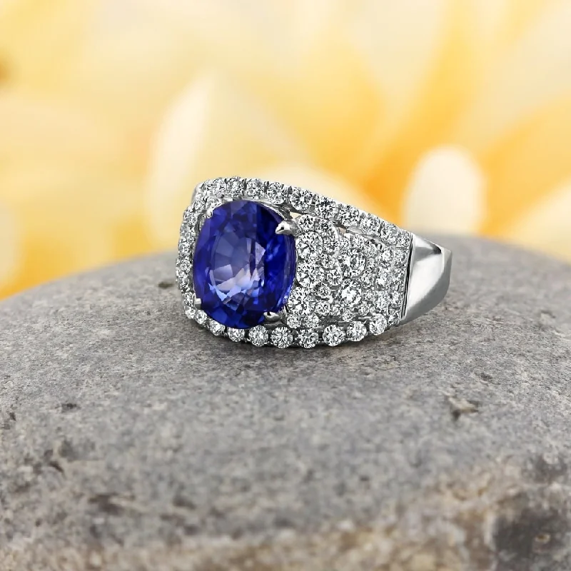 silver band ring for men -Auriya 8 1/3ct Oval-cut Blue Sapphire and 1 1/3ctw Pave Diamond Ring 18K Gold