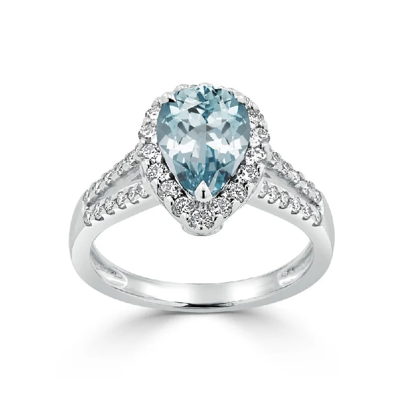 layered midi ring for women -Auriya 9/10ct Pear Shape Aquamarine and Halo Diamond Ring 1/2ctw 18K Gold