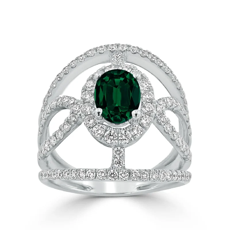 luxury pearl ring for brides -Auriya Modern 1 1/8ct Oval-cut Green Emerald and Diamond Ring 1ctw 18K Gold