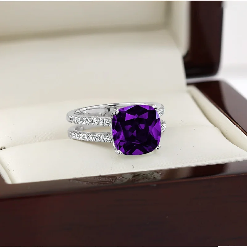 pearl band ring for women -Auriya Modern 3ct Cushion-cut Purple Amethyst and Diamond Engagement Ring 1/4cttw 14k Gold