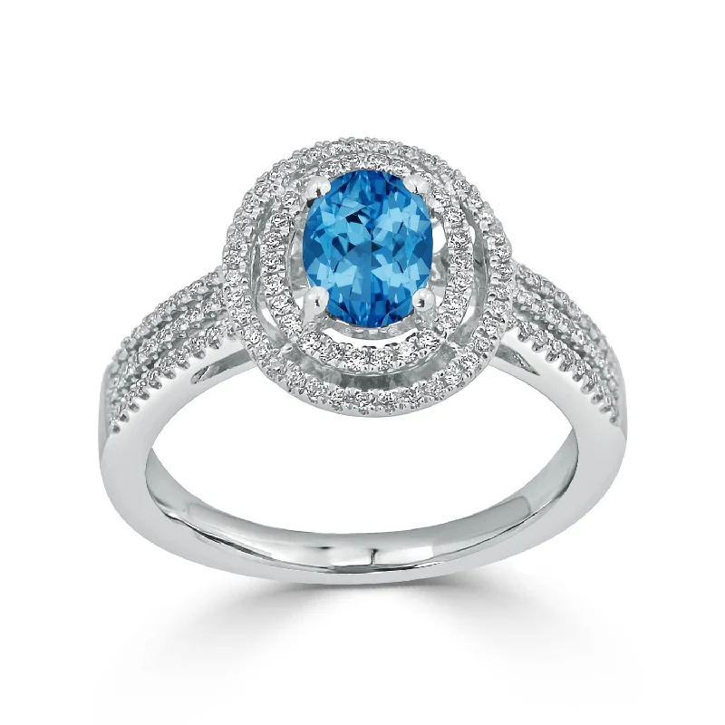 gold band ring for couples -Auriya Modern 7/8ct Oval Blue Topaz and Halo Diamond Ring 1/4cttw 18K Gold