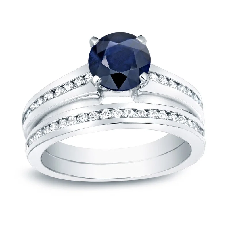 bold statement band ring for women -Auriya Platinum 3/4ct Round Blue Sapphire and 3/4ctw Diamond Engagement Ring Set