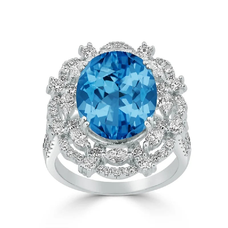 promise ring for couples -Auriya Unique 8 7/8ct Oval Blue Topaz Double Halo Diamond Ring 1 1/2cttw 18K Gold