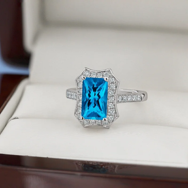 thumb ring for women -Auriya Vintage 1 3/4ct Emerald-cut Swiss-Blue Topaz and Halo Diamond Engagement Ring 3/8ctw 14k Gold