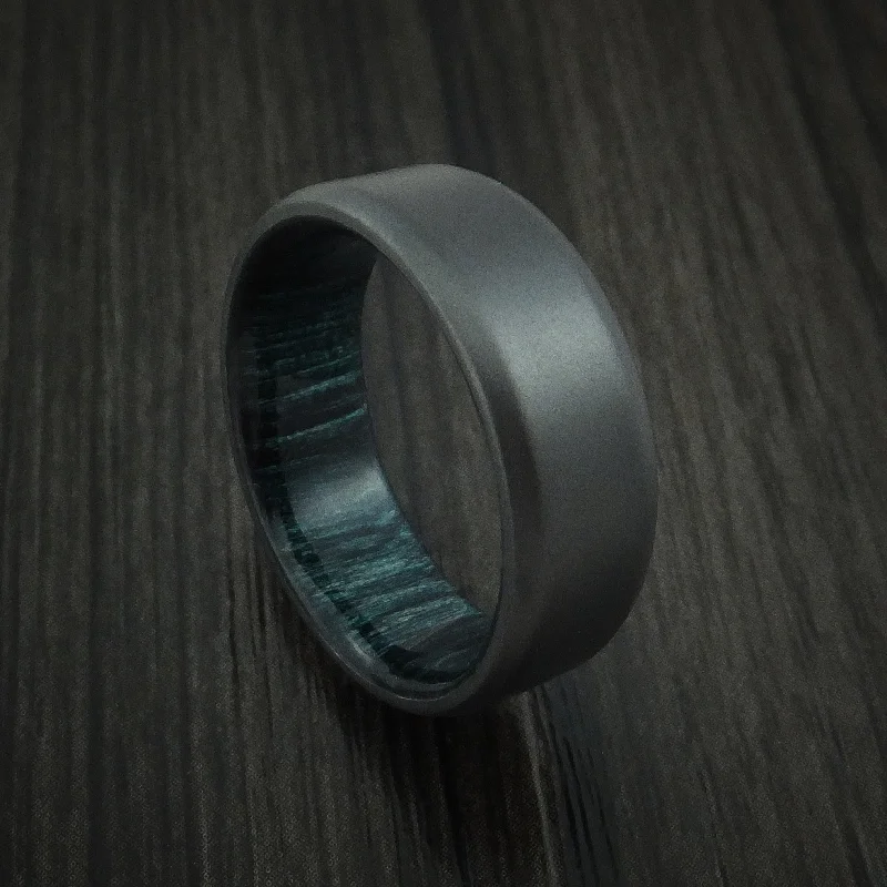 heart-shaped ring for women -Black Titanium and Indigo Wood Hard Wood Sleeve Men's Ring Custom Made