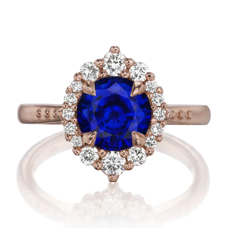 gold statement ring for women -・EMERSON・Blue Sapphire Center, Diamond Halo (2.13ctw+)