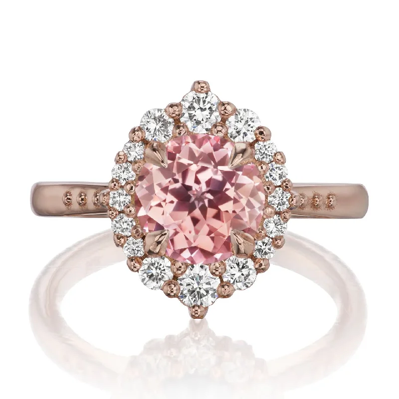 stackable gold ring for women -・EMERSON・Peach Sapphire Center, Diamond Halo (2.13ctw+)