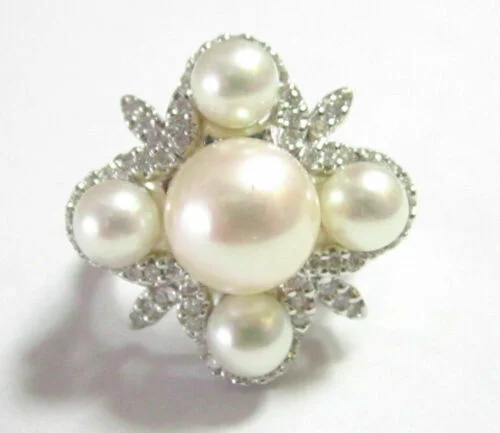 crystal healing ring for women -Fine Natural White Pearl & Diamond Cluster Cocktail Ring Size 7 18k White Gold