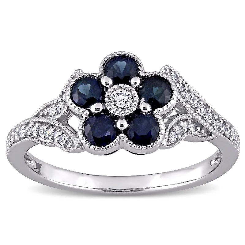 crescent moon ring for women -Flower Blue Sapphire and 1/6ct TDW Diamond Split Shank Ring in 10k White Gold by Miadora