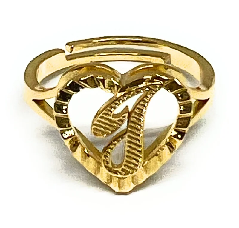 handmade gemstone ring for women -Gold Plated CUSTOMIZED CURSIVE HEART Initial Letter Ring Anillo Adjustable sizes 6-12