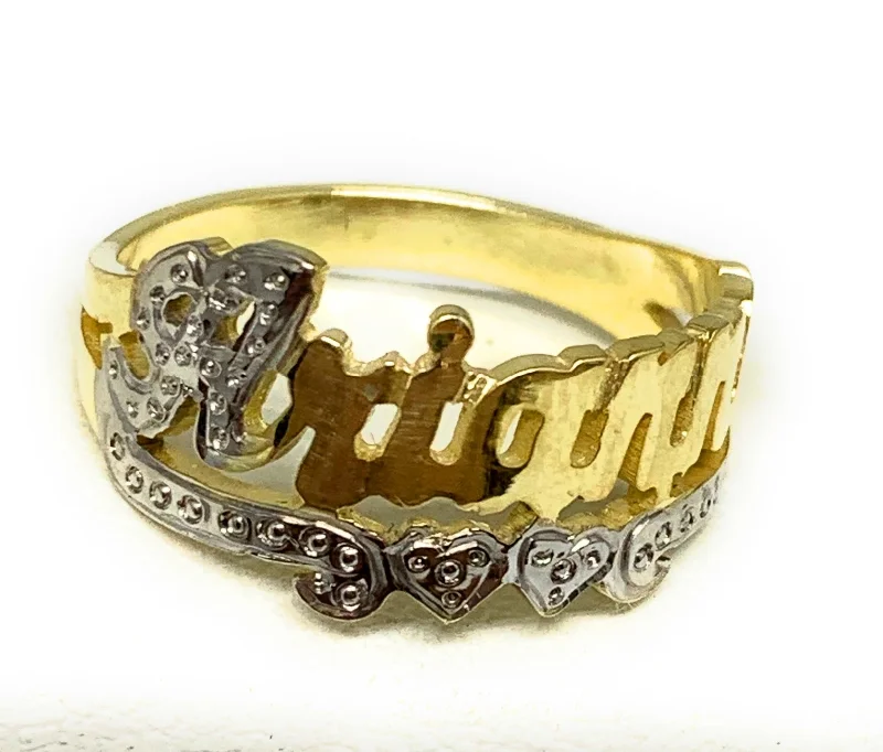 bold geometric ring for women -GOLD PLATED SILVER YELLOW & WHITE CUSTOMIZED HEART NAME RING