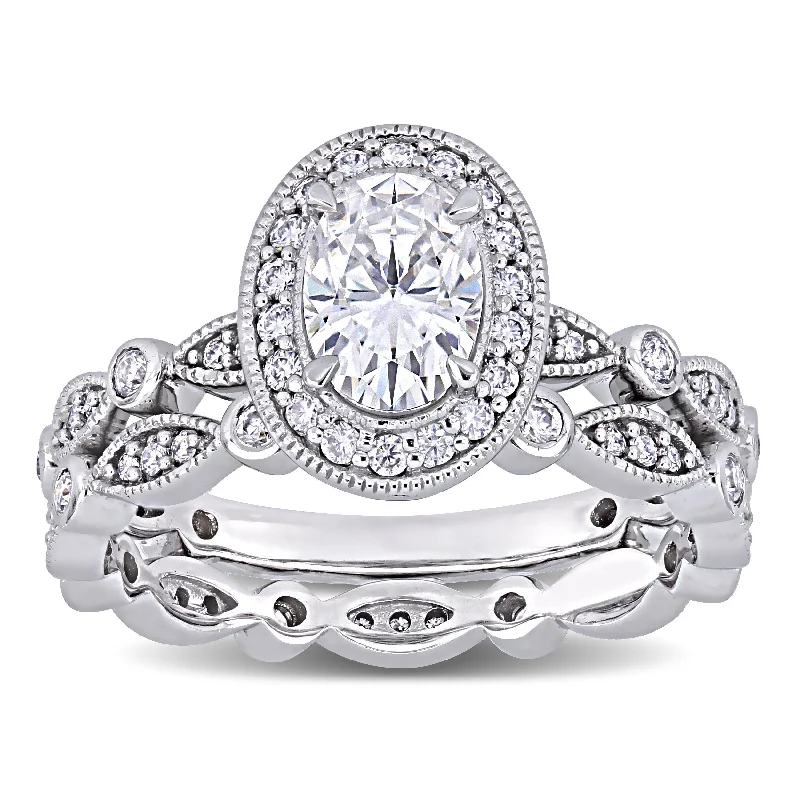 midi ring for women -Miadora 1 1/2ct DEW Oval-cut Moissanite Halo Vintage Bridal Ring Set in 10k White Gold