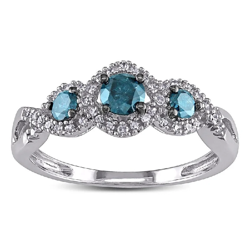 bar band ring for women -Miadora 1/2ct Blue and White Diamond TW 3 Stone Ring 14k White Gold Rhodium Plated