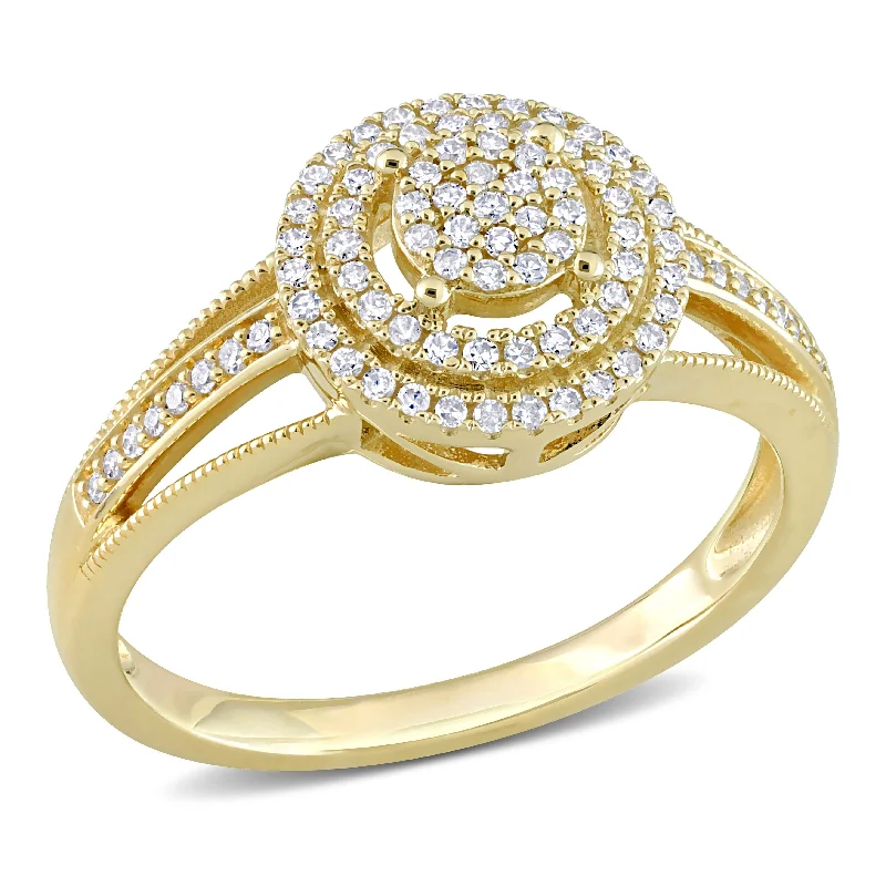 bar ring with engraving -Miadora 1/4ct TDW Diamond Double Halo Cluster Ring in 10k Yellow Gold