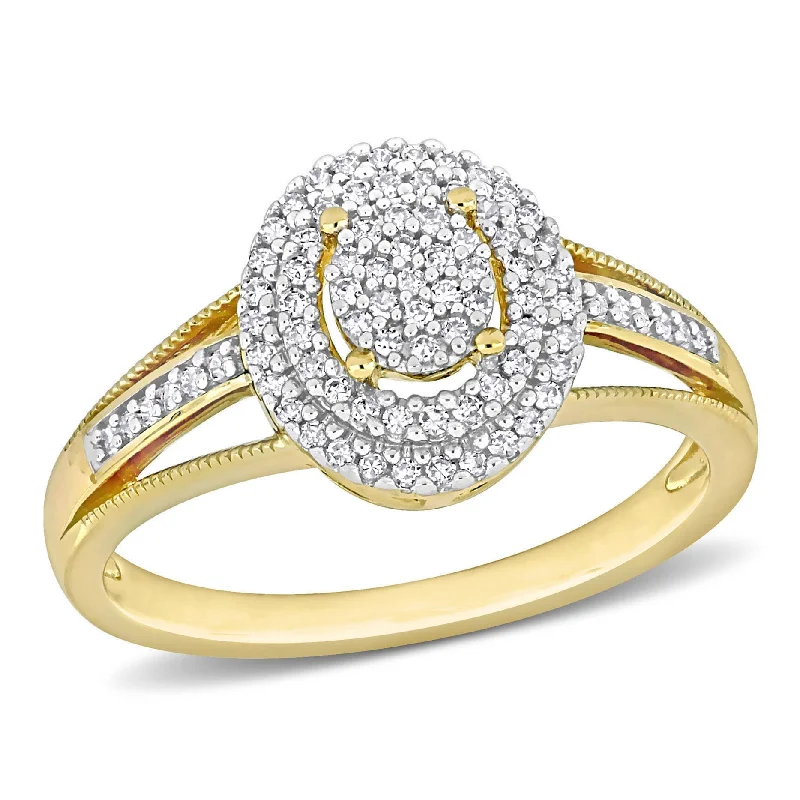 spiritual ring for protection -Miadora 1/4ct TDW Diamond Double Halo Oval Cluster Split Shank Ring in 10k Yellow Gold