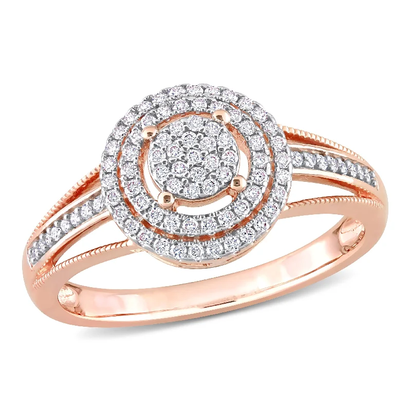 sterling silver ring for men -Miadora 1/4ct TDW Diamond Double Halo Split Shank Ring in 14k Rose Gold