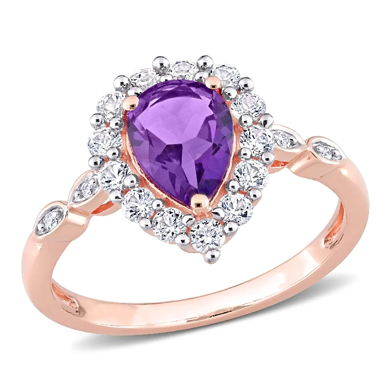 layered stacking ring for women -Miadora 10k Rose Gold Amethyst, Created White Sapphire and Diamond Accent Teardrop Halo Ring