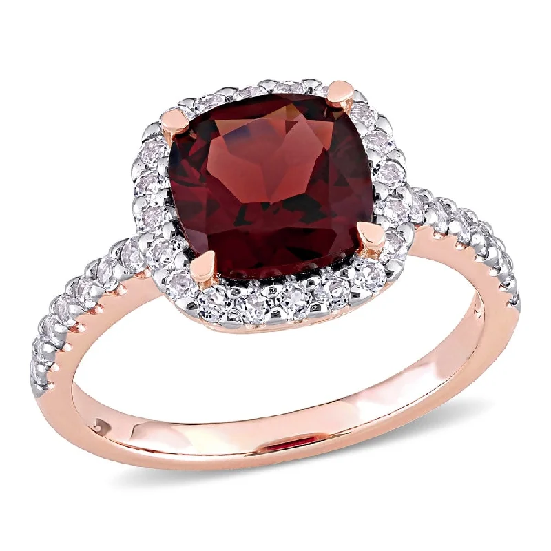 angel halo ring for women -Miadora 10k Rose Gold Cushion-cut Garnet and White Topaz Halo Cocktail Ring