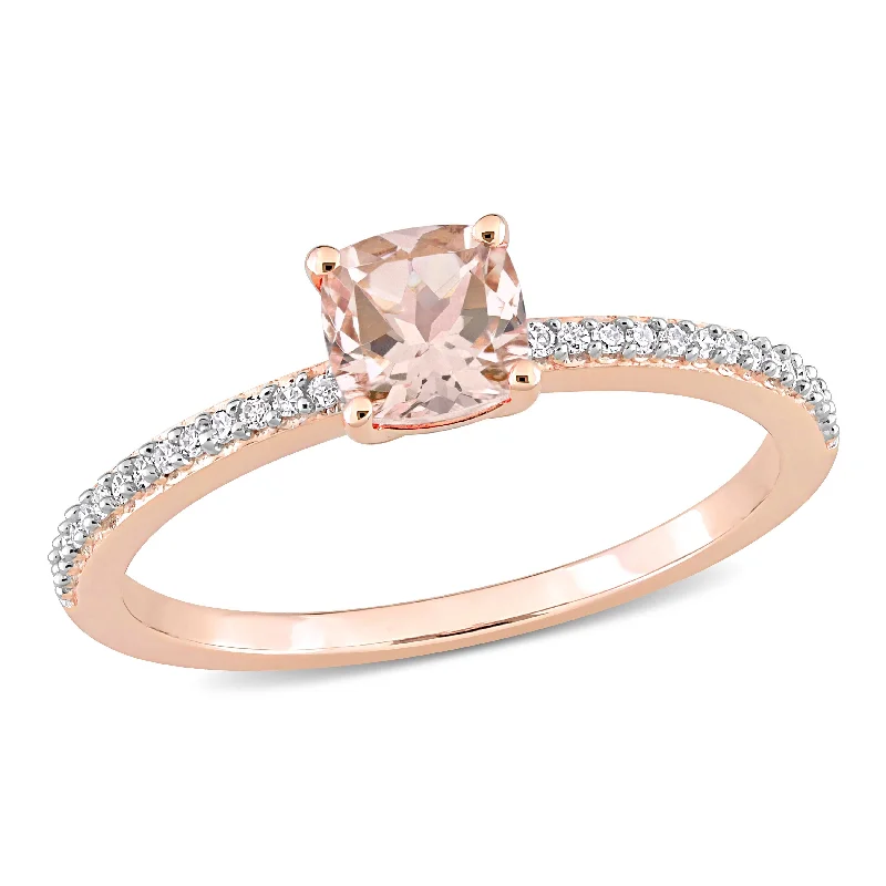 boho stacking ring for women -Miadora 10k Rose Gold Cushion-cut Morganite and 1/10ct TDW Diamond Birthstone Ring